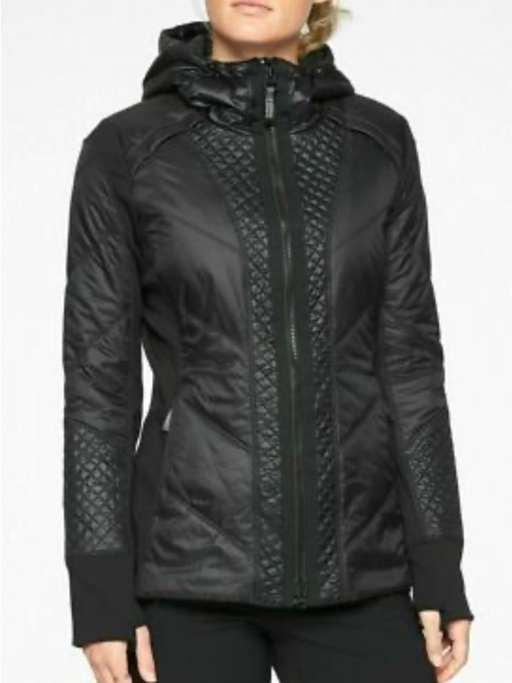 Athleta Black Rock Ridge PrimaLoft Quilted-Panel Hooded Jacket, Size Medium